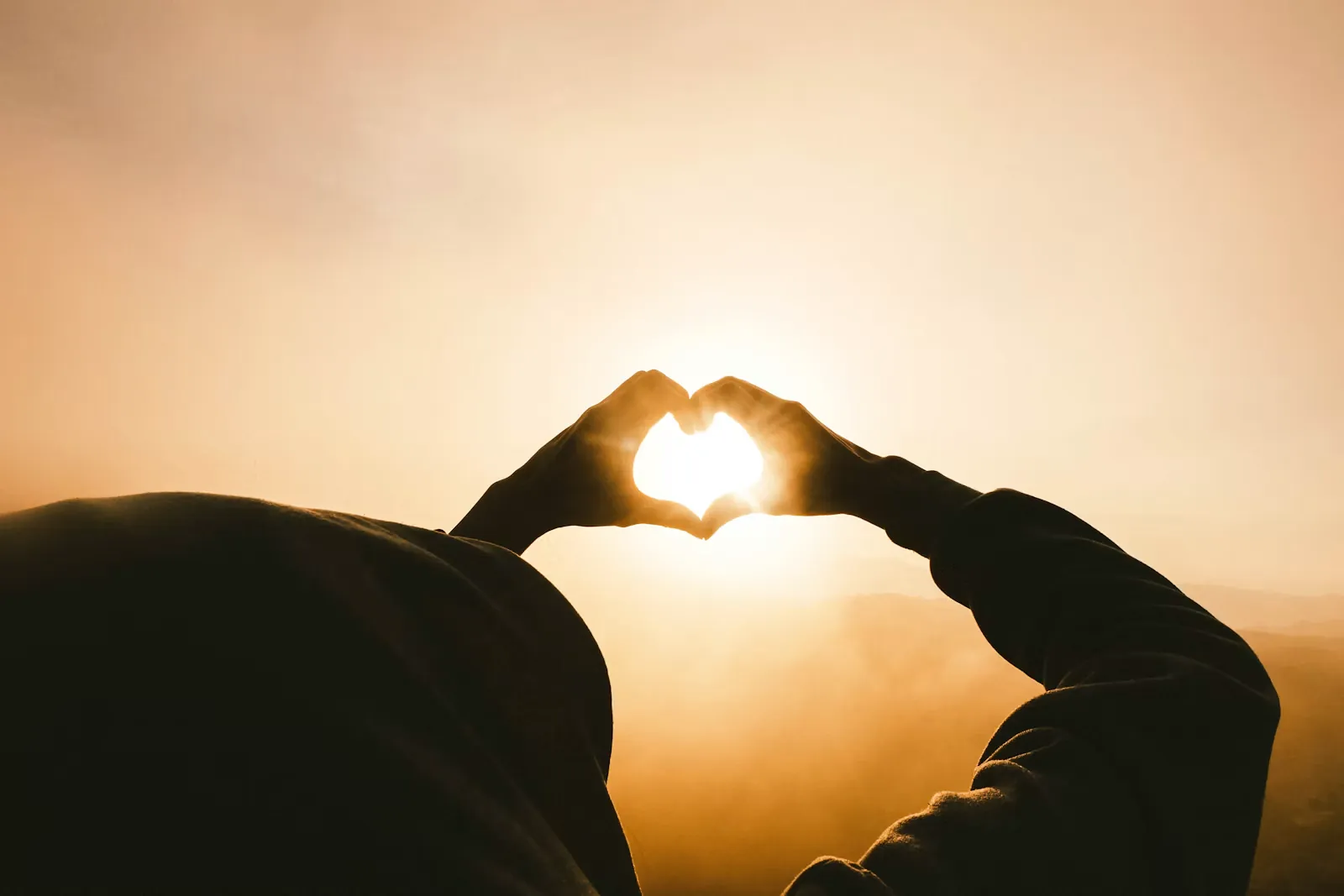 Manos formando un corazón con la luz del sol atravesándolas