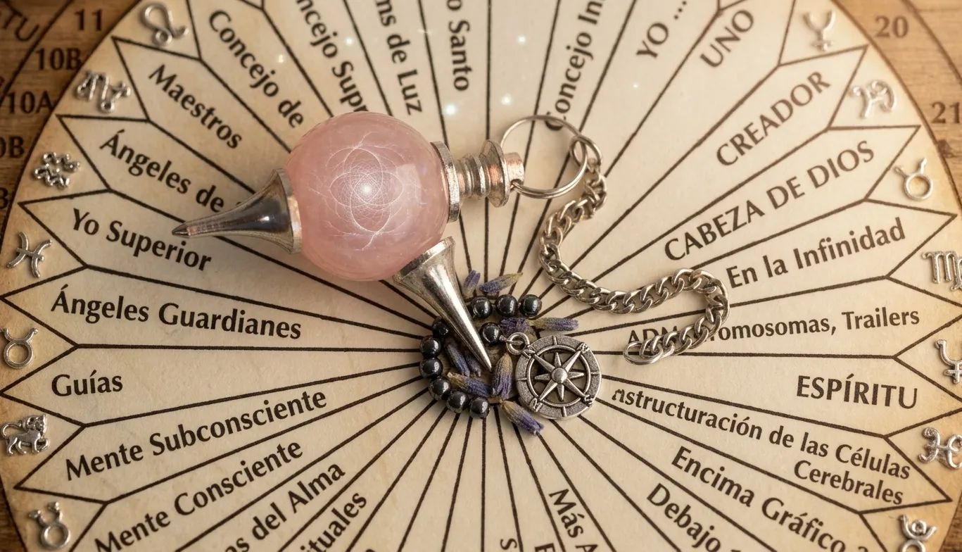 Péndulo de cuarzo rosa sobre un gráfico de trabajo de la Terapia de Respuesta Espiritual